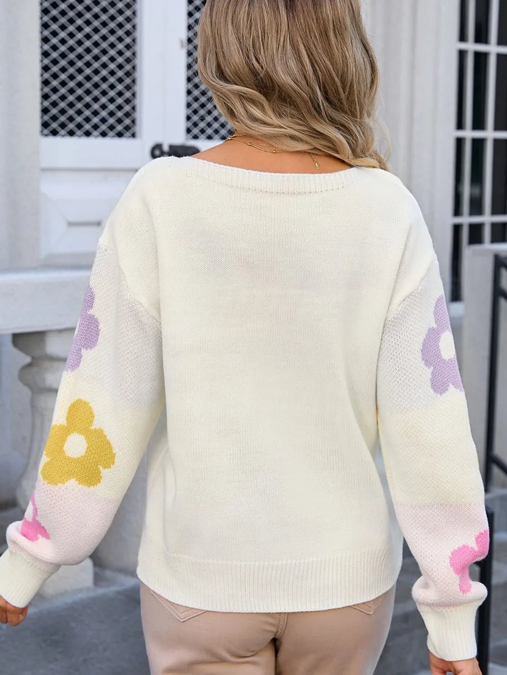 Angel Wings Flower Round Neck Dropped Shoulder Sweater - FLORENTINE IRIS