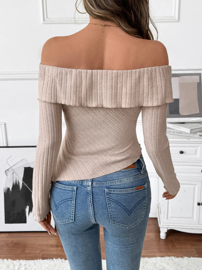 Asymmetrical Off - Shoulder Knit Top - FLORENTINE IRIS