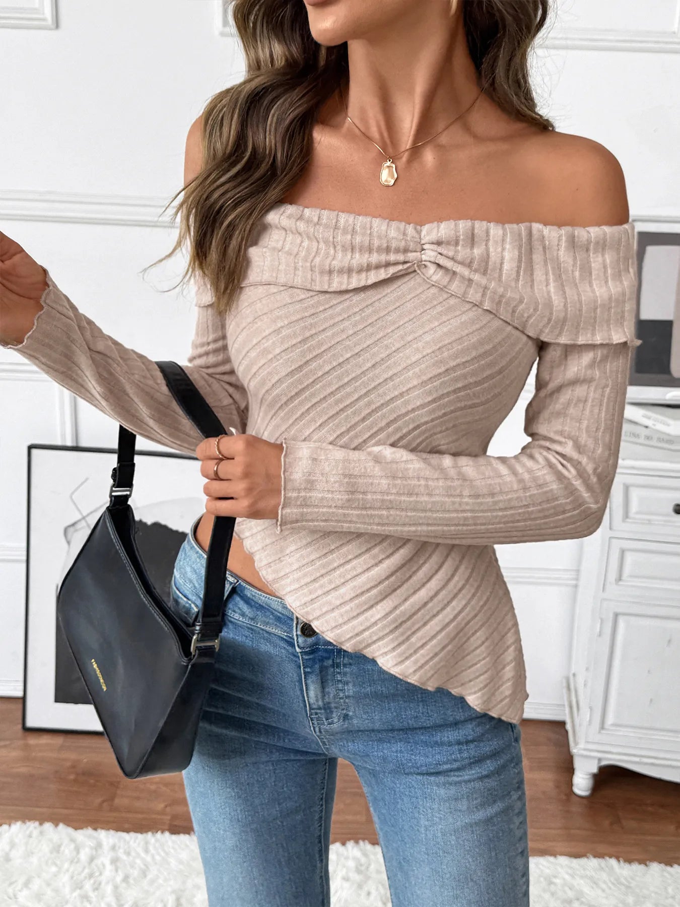 Asymmetrical Off - Shoulder Knit Top - FLORENTINE IRIS