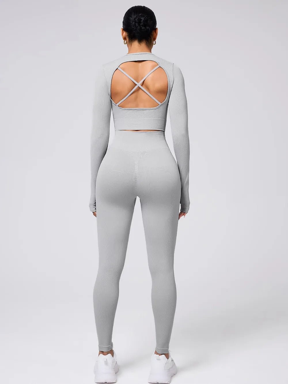 Back Crisscross Round Neck Long Sleeve Top and Leggings Active Set - FLORENTINE IRIS