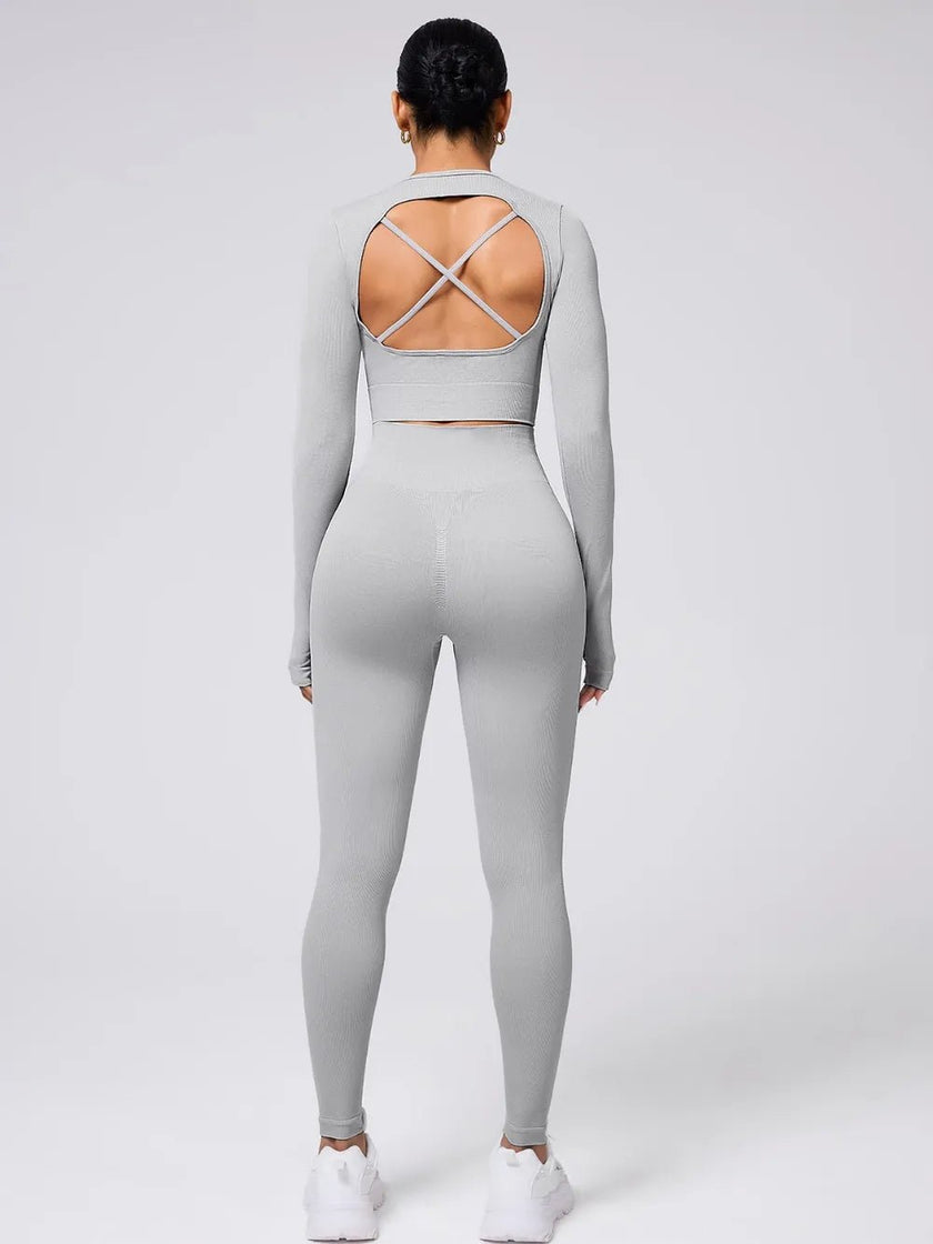 Back Crisscross Round Neck Long Sleeve Top and Leggings Active Set - FLORENTINE IRIS