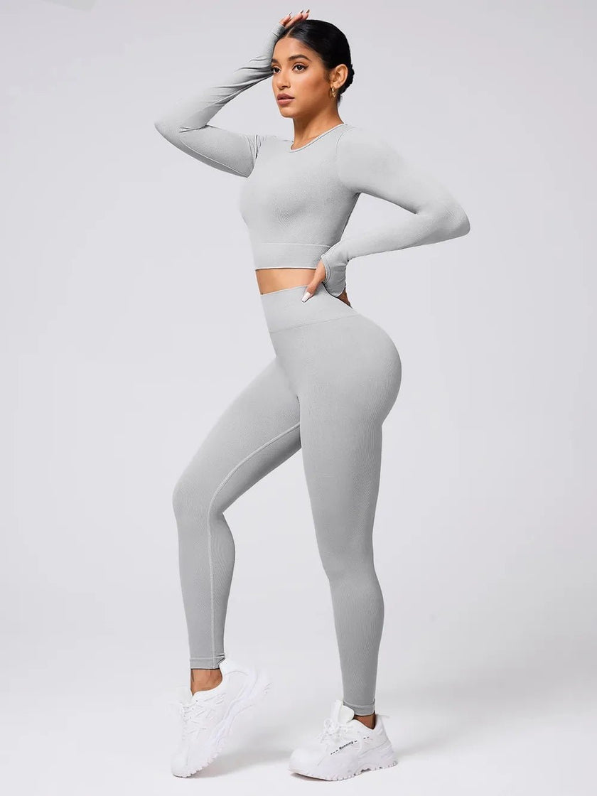 Back Crisscross Round Neck Long Sleeve Top and Leggings Active Set - FLORENTINE IRIS
