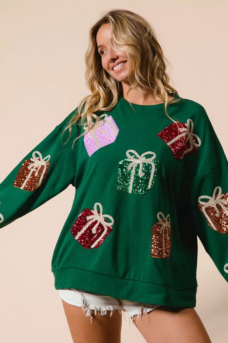 BiBi Sequin Christmas Gift Box Embroideries Pullover - FLORENTINE IRIS