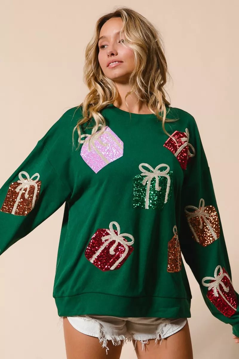 BiBi Sequin Christmas Gift Box Embroideries Pullover - FLORENTINE IRIS