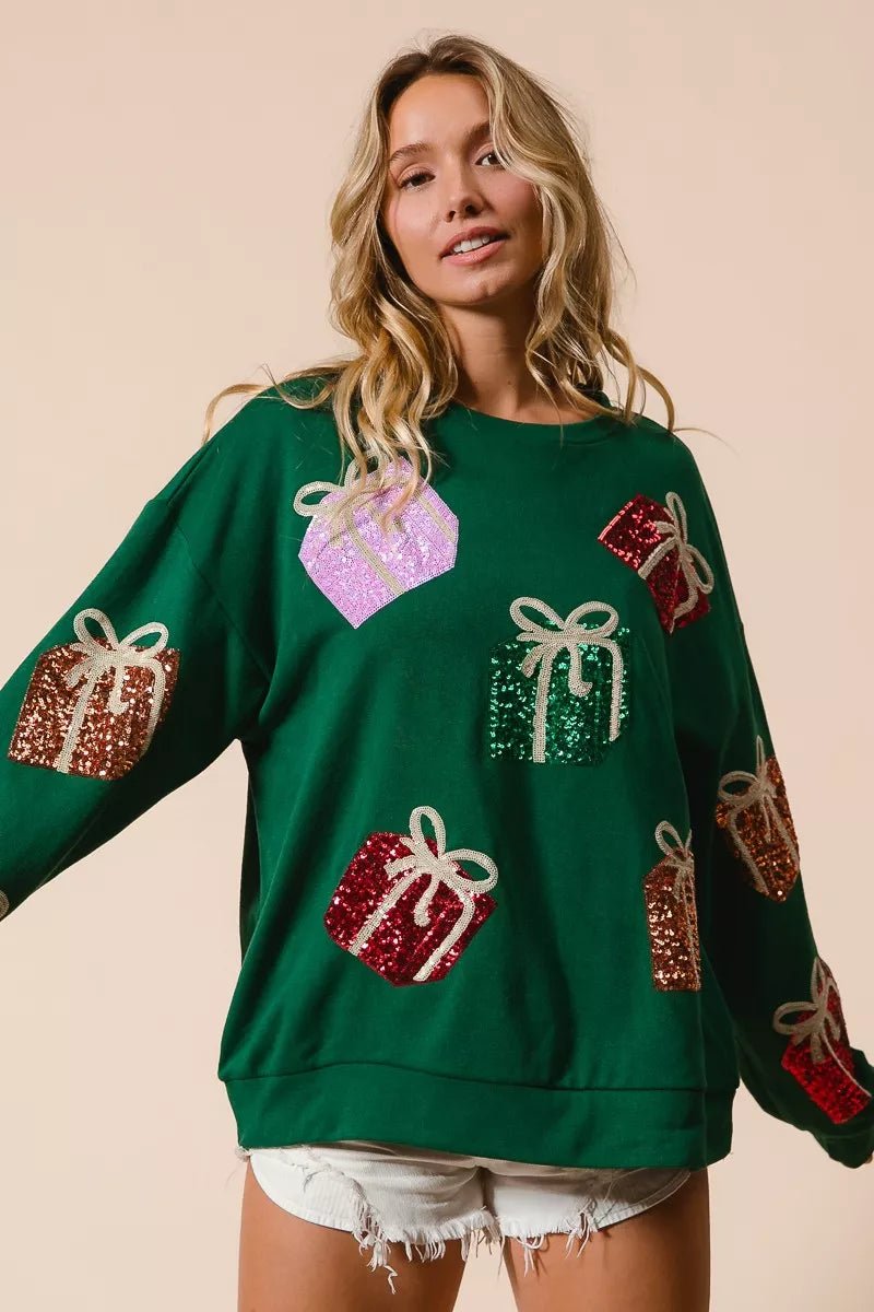 BiBi Sequin Christmas Gift Box Embroideries Pullover - FLORENTINE IRIS