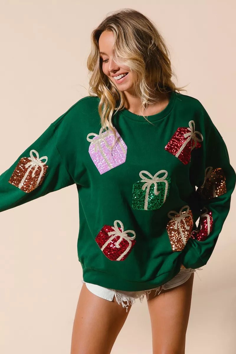 BiBi Sequin Christmas Gift Box Embroideries Pullover - FLORENTINE IRIS