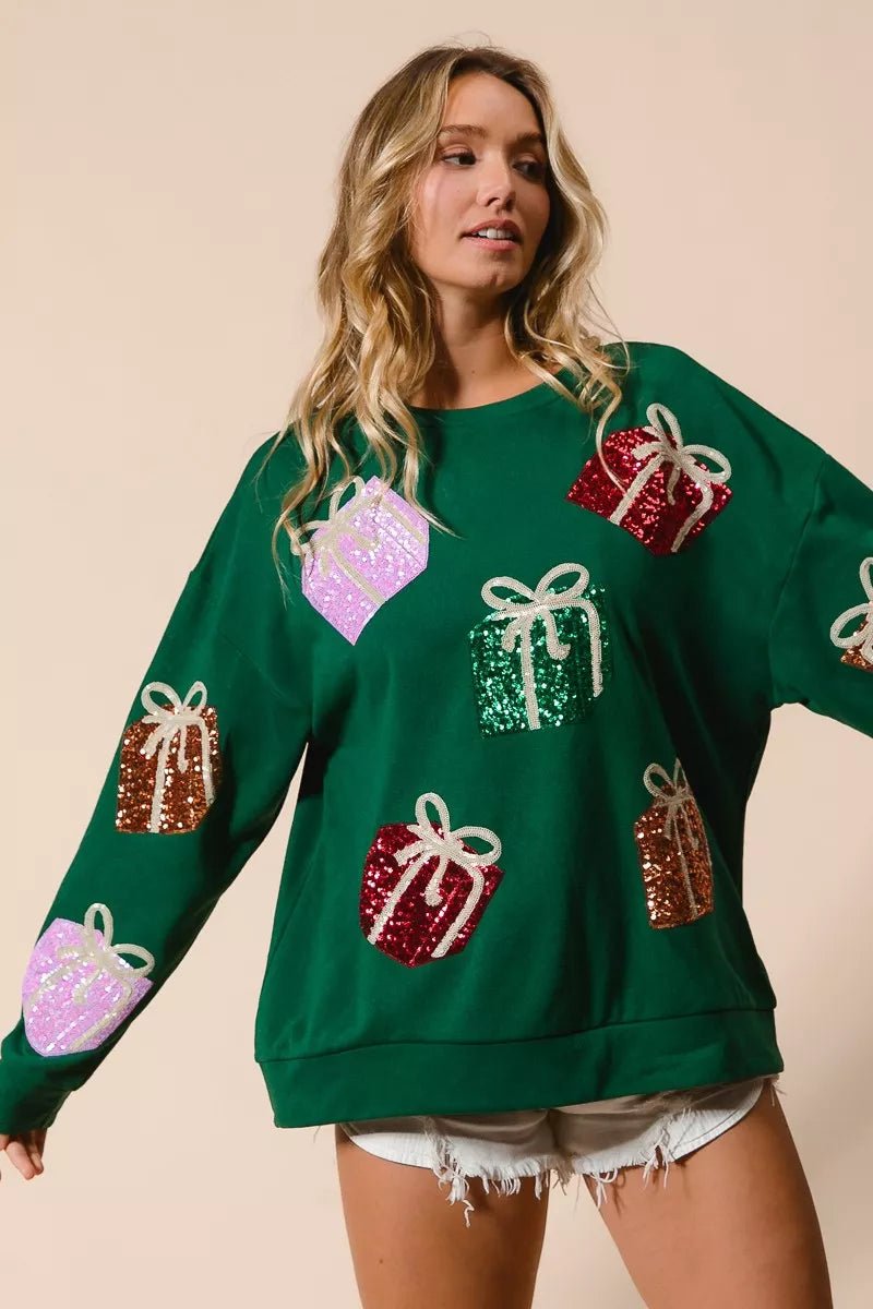 BiBi Sequin Christmas Gift Box Embroideries Pullover - FLORENTINE IRIS