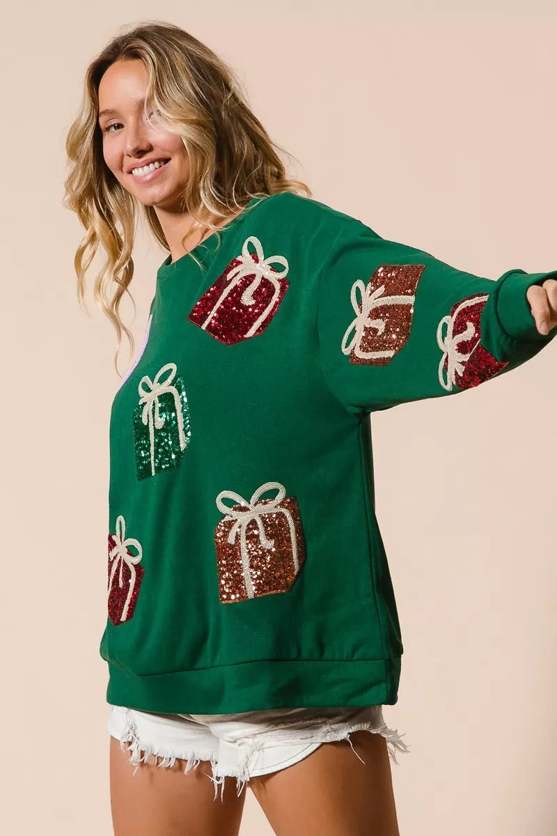 BiBi Sequin Christmas Gift Box Embroideries Pullover - FLORENTINE IRIS