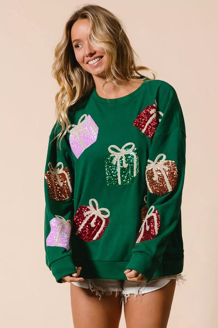 BiBi Sequin Christmas Gift Box Embroideries Pullover - FLORENTINE IRIS