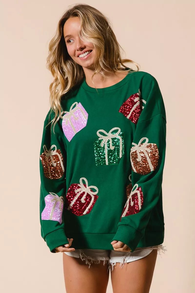 BiBi Sequin Christmas Gift Box Embroideries Pullover - FLORENTINE IRIS