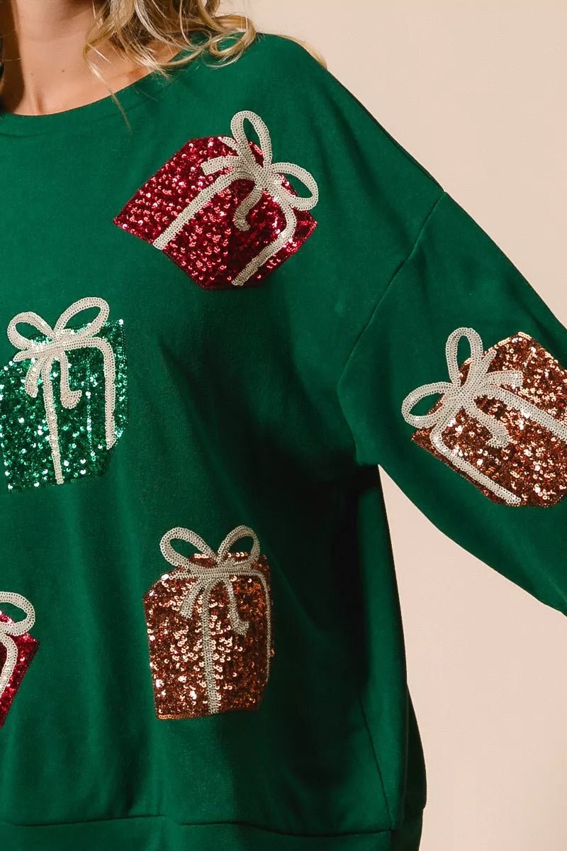 BiBi Sequin Christmas Gift Box Embroideries Pullover - FLORENTINE IRIS