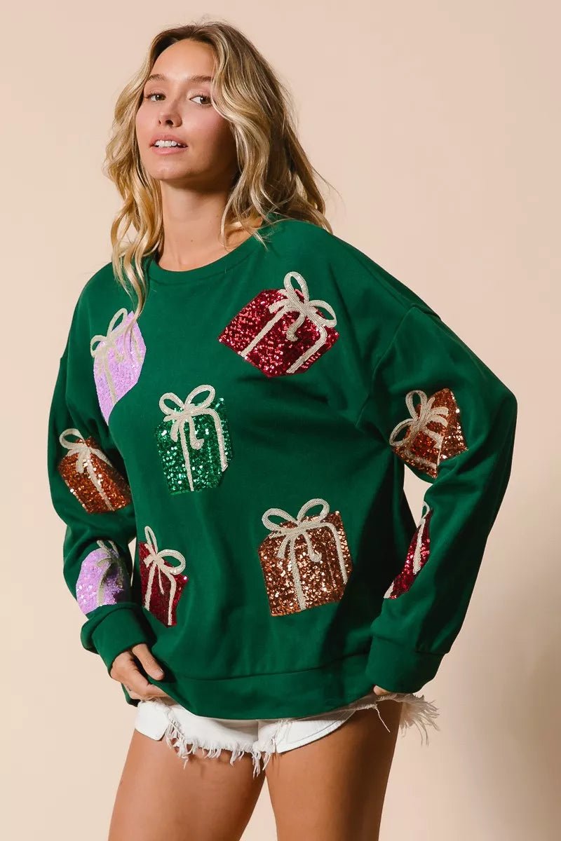 BiBi Sequin Christmas Gift Box Embroideries Pullover - FLORENTINE IRIS