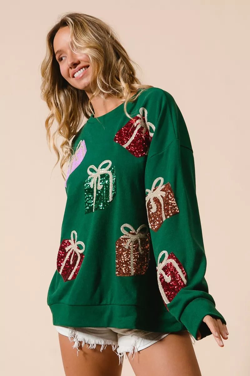 BiBi Sequin Christmas Gift Box Embroideries Pullover - FLORENTINE IRIS