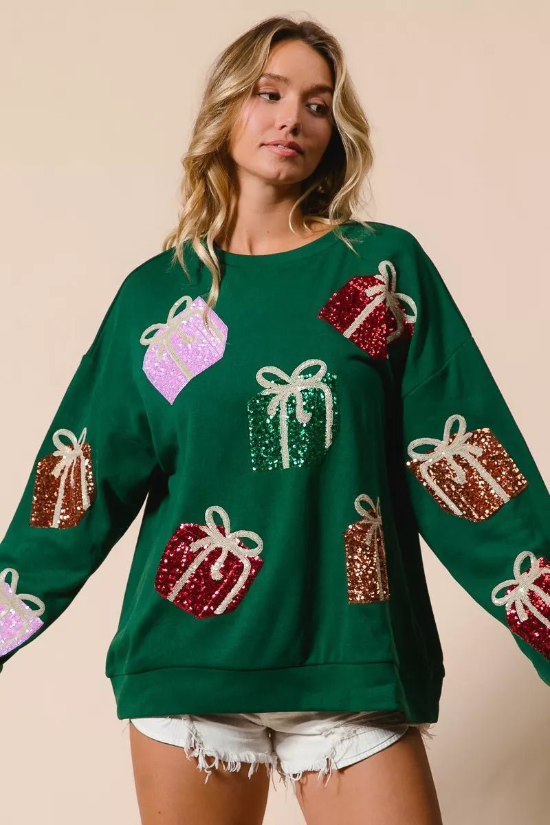 BiBi Sequin Christmas Gift Box Embroideries Pullover - FLORENTINE IRIS