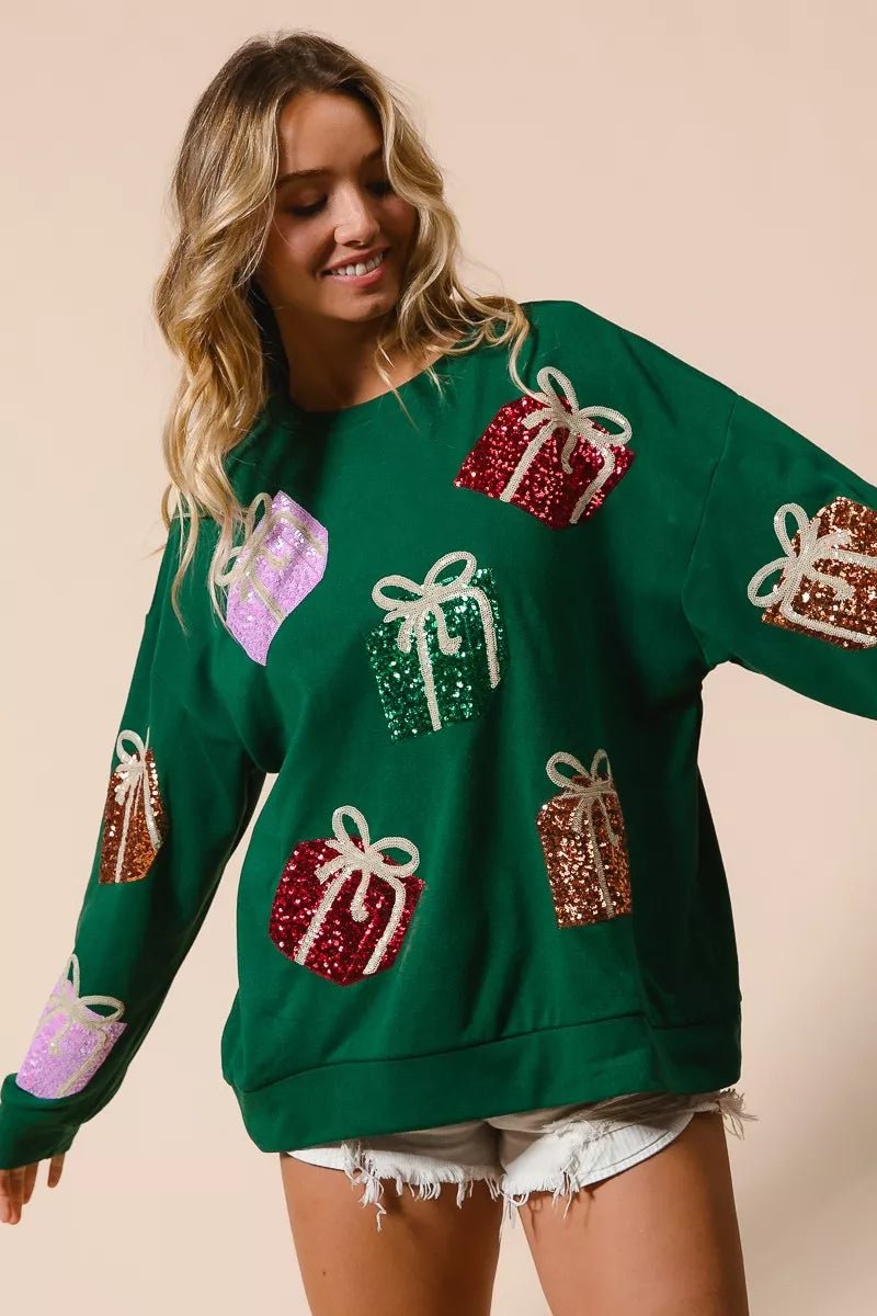 BiBi Sequin Christmas Gift Box Embroideries Pullover - FLORENTINE IRIS