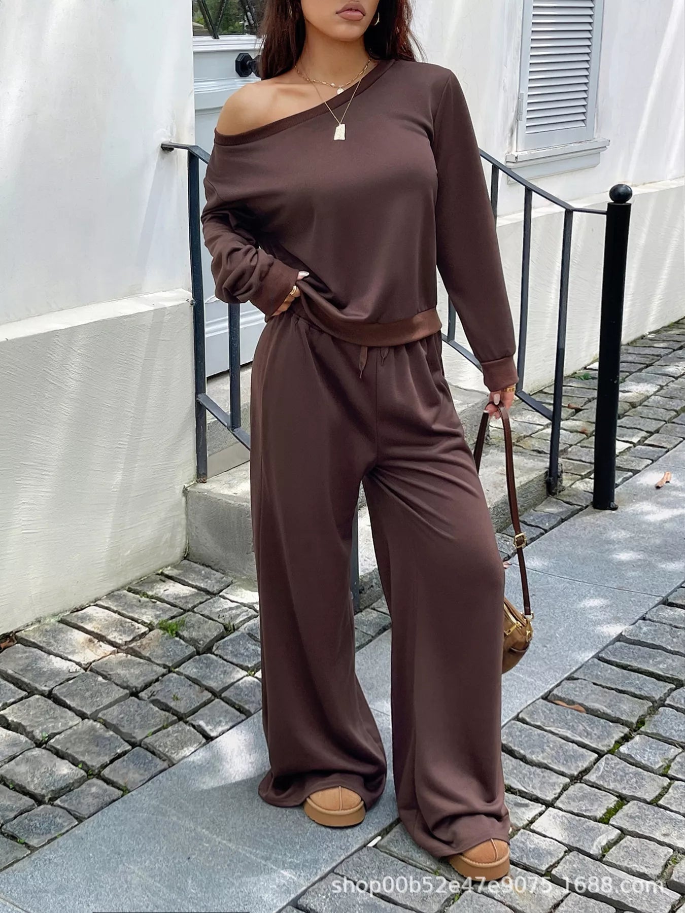 Boat Neck Long Sleeve Top and Pants Set - FLORENTINE IRIS