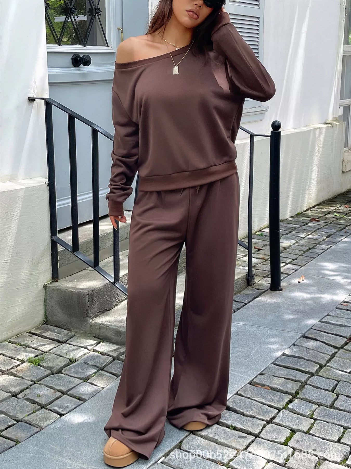 Boat Neck Long Sleeve Top and Pants Set - FLORENTINE IRIS