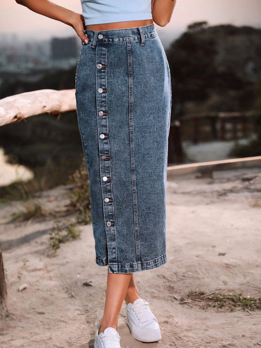 Button Down Denim Skirt - FLORENTINE IRIS