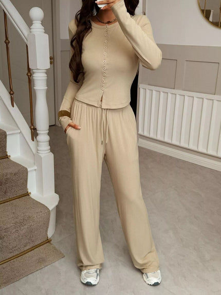 Button - Front Long Sleeve Top & Wide Leg Pants Set - FLORENTINE IRIS