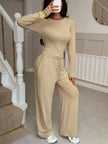 Button - Front Long Sleeve Top & Wide Leg Pants Set - FLORENTINE IRIS