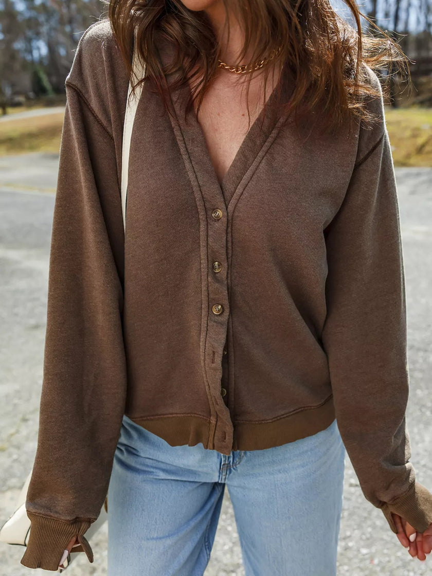 Button Front V Neck Casual Cardigan - FLORENTINE IRIS