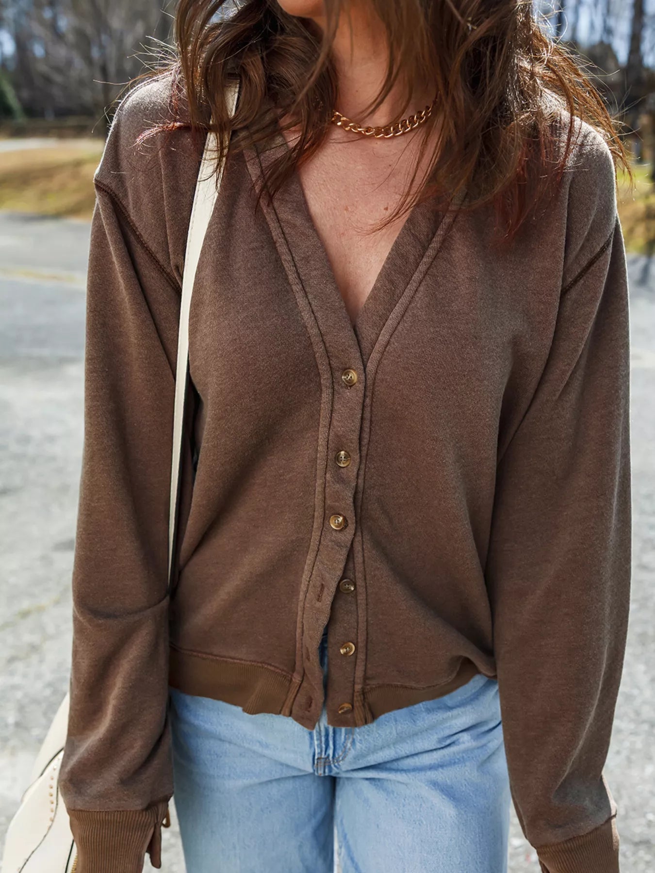 Button Front V Neck Casual Cardigan - FLORENTINE IRIS