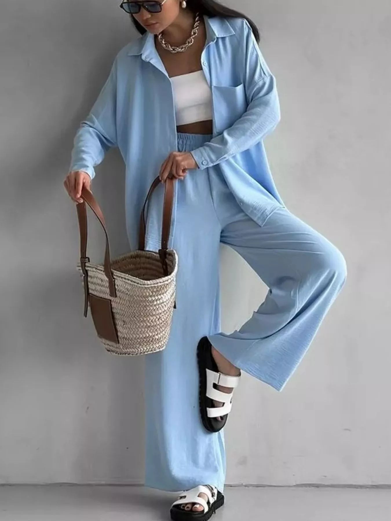 Button Up Long Sleeve Shirt and Pants Set - FLORENTINE IRIS