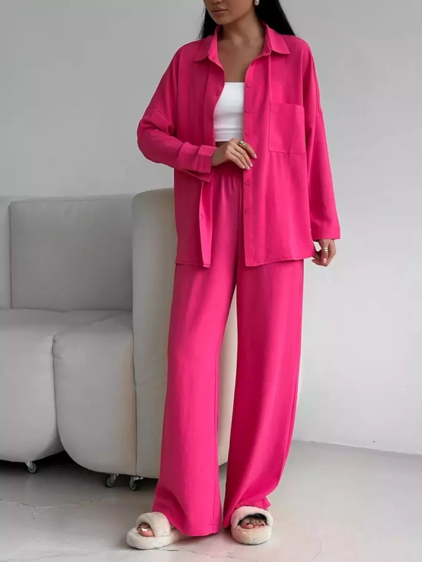 Button Up Long Sleeve Shirt and Pants Set - FLORENTINE IRIS
