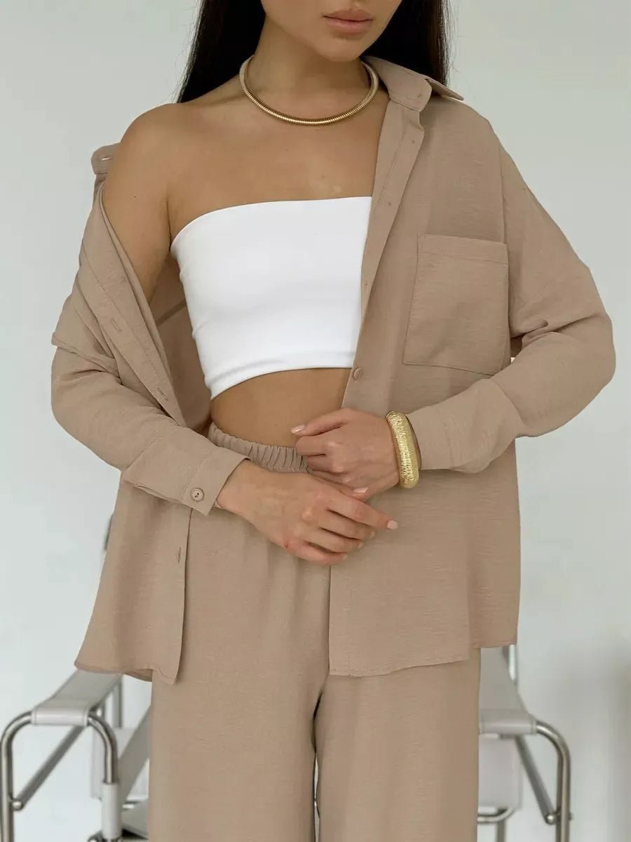 Button Up Long Sleeve Shirt and Pants Set - FLORENTINE IRIS