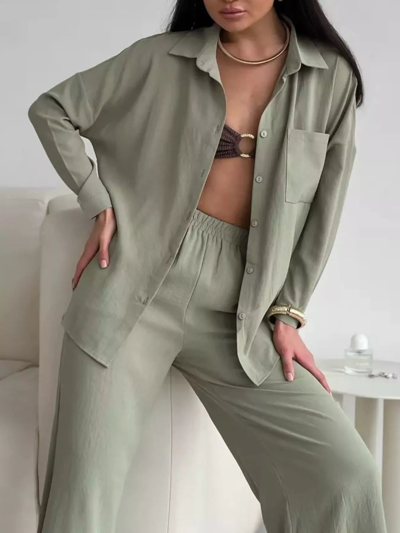 Button Up Long Sleeve Shirt and Pants Set - FLORENTINE IRIS