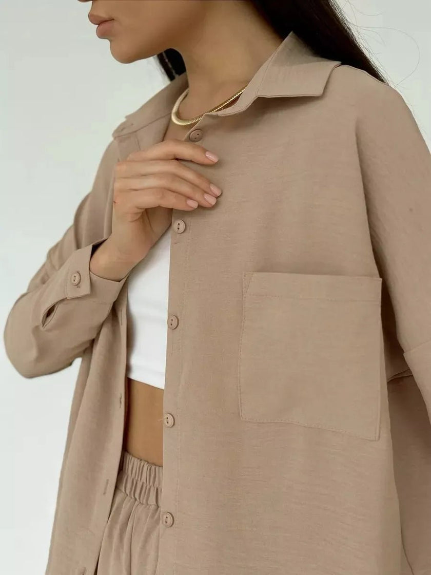 Button Up Long Sleeve Shirt and Pants Set - FLORENTINE IRIS