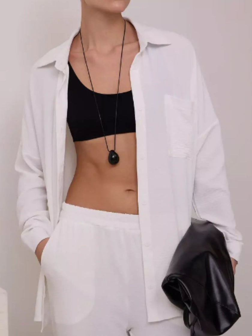 Button Up Long Sleeve Shirt and Pants Set - FLORENTINE IRIS