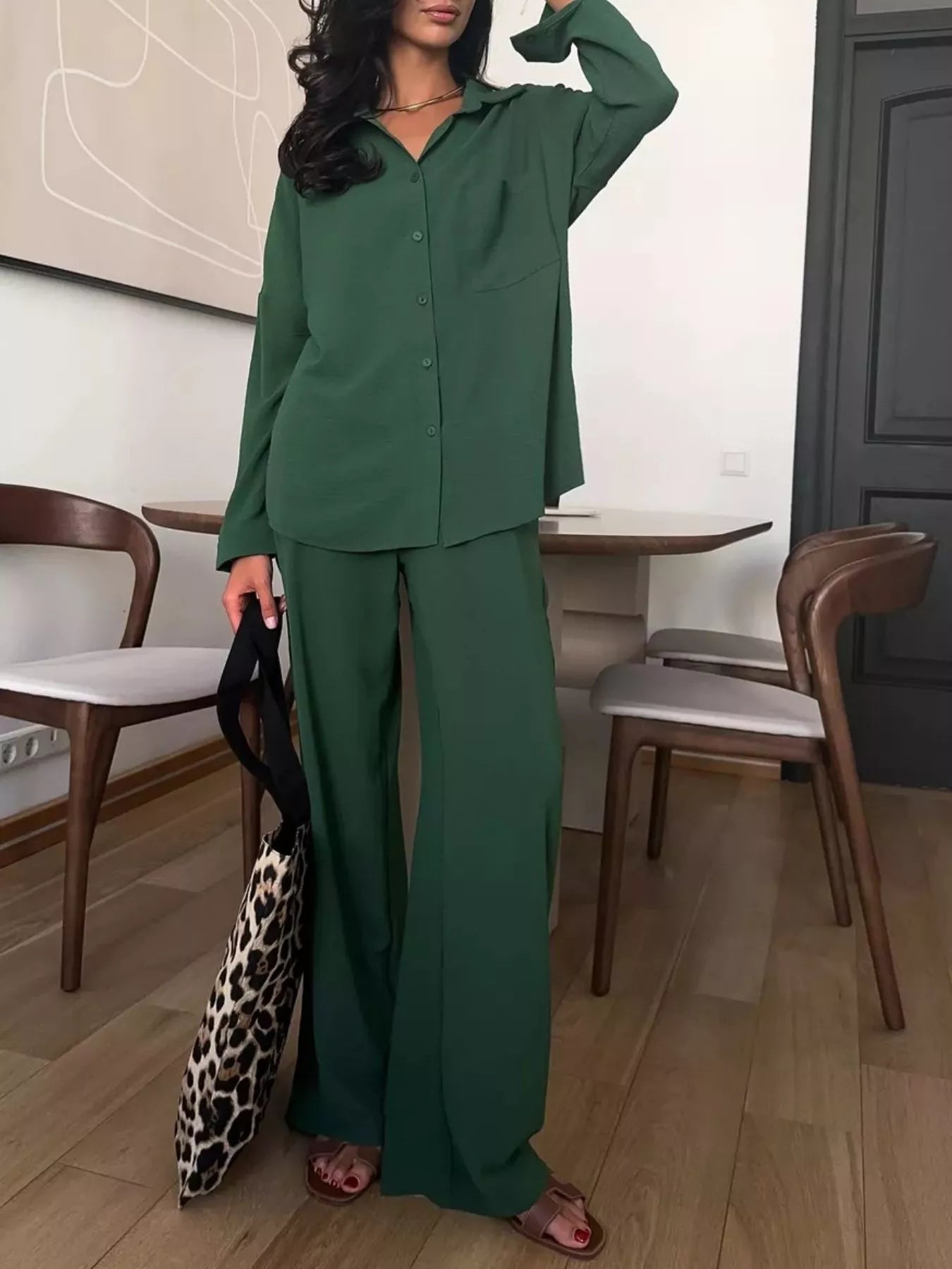 Button Up Long Sleeve Shirt and Pants Set - FLORENTINE IRIS