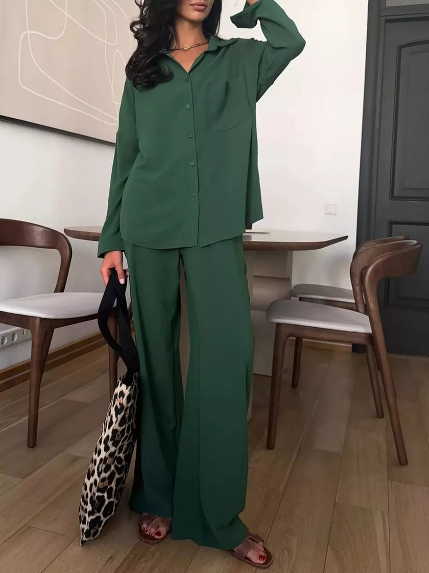 Button Up Long Sleeve Shirt and Pants Set - FLORENTINE IRIS