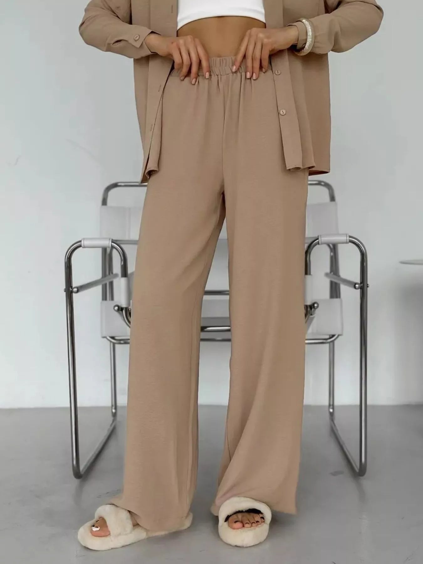 Button Up Long Sleeve Shirt and Pants Set - FLORENTINE IRIS