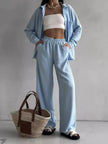 Button Up Long Sleeve Shirt and Pants Set - FLORENTINE IRIS