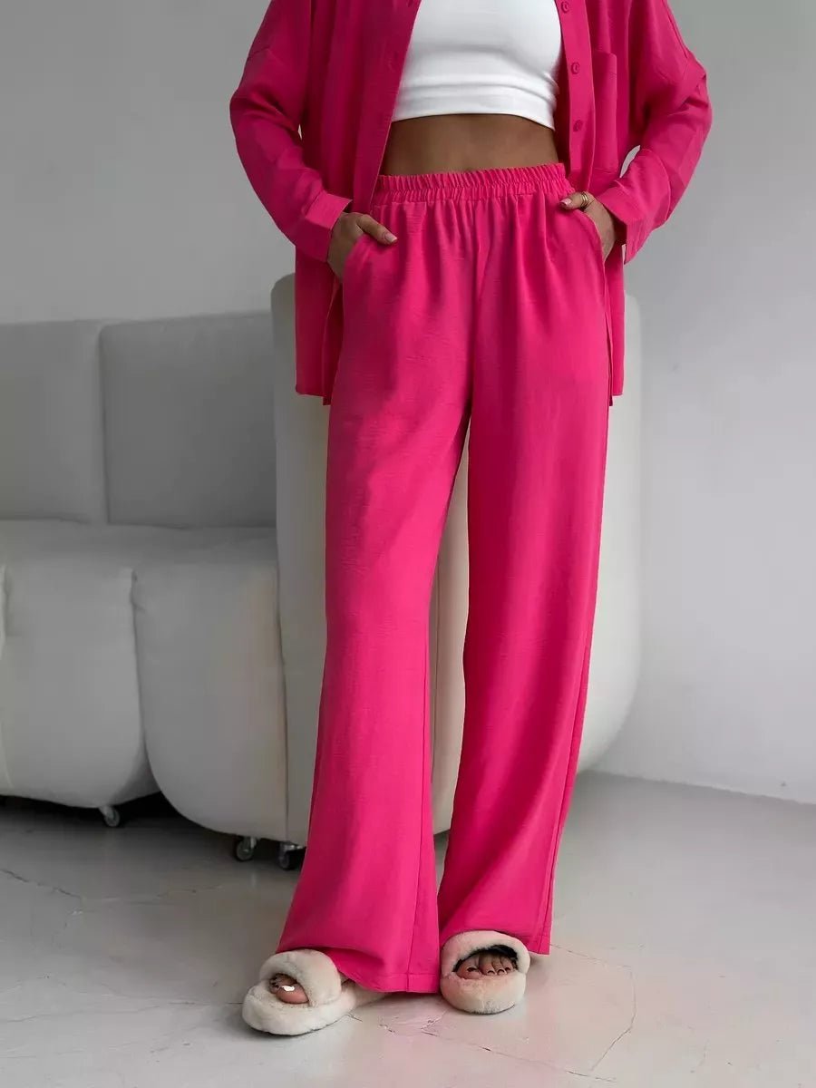 Button Up Long Sleeve Shirt and Pants Set - FLORENTINE IRIS