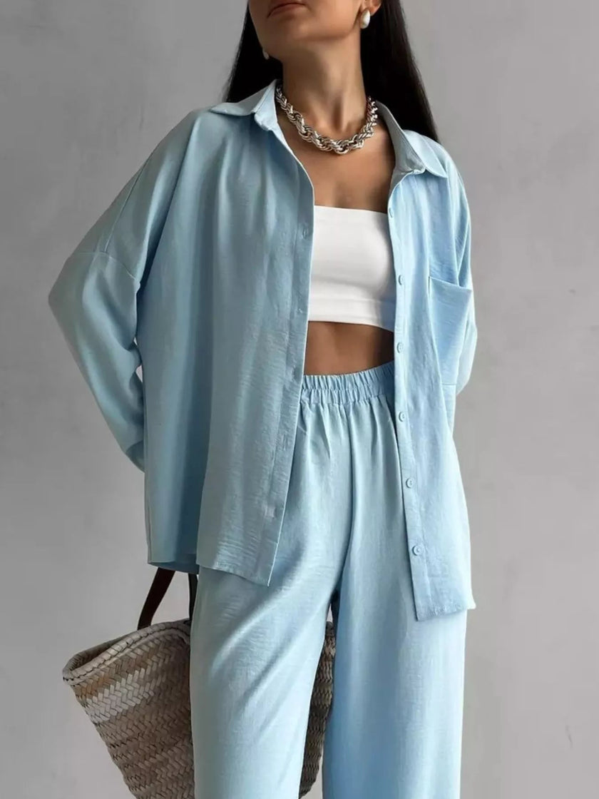 Button Up Long Sleeve Shirt and Pants Set - FLORENTINE IRIS