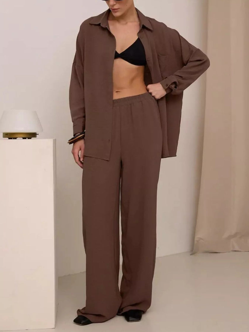 Button Up Long Sleeve Shirt and Pants Set - FLORENTINE IRIS