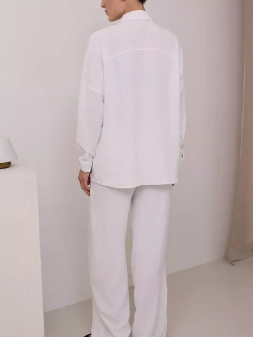 Button Up Long Sleeve Shirt and Pants Set - FLORENTINE IRIS
