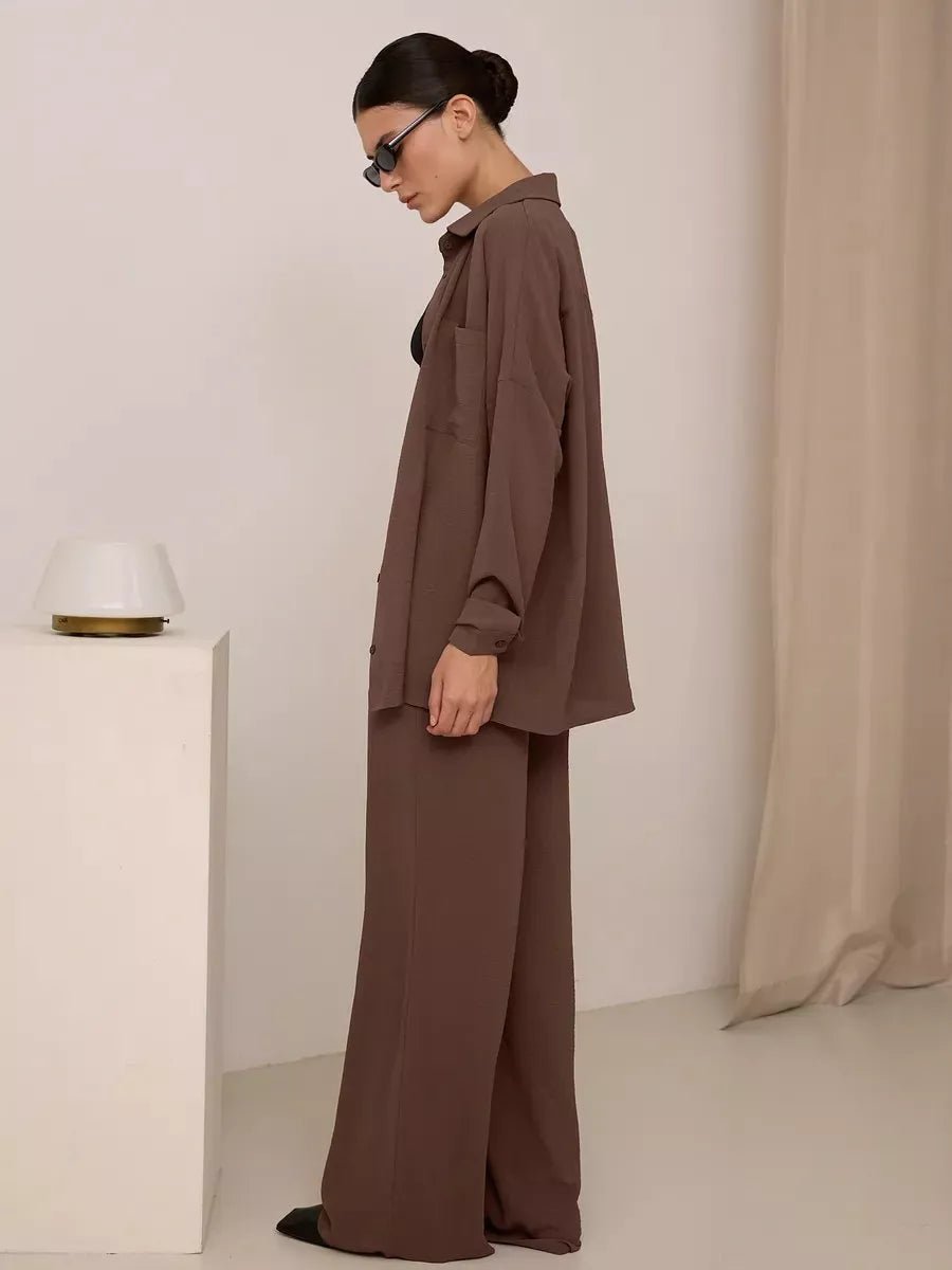 Button Up Long Sleeve Shirt and Pants Set - FLORENTINE IRIS