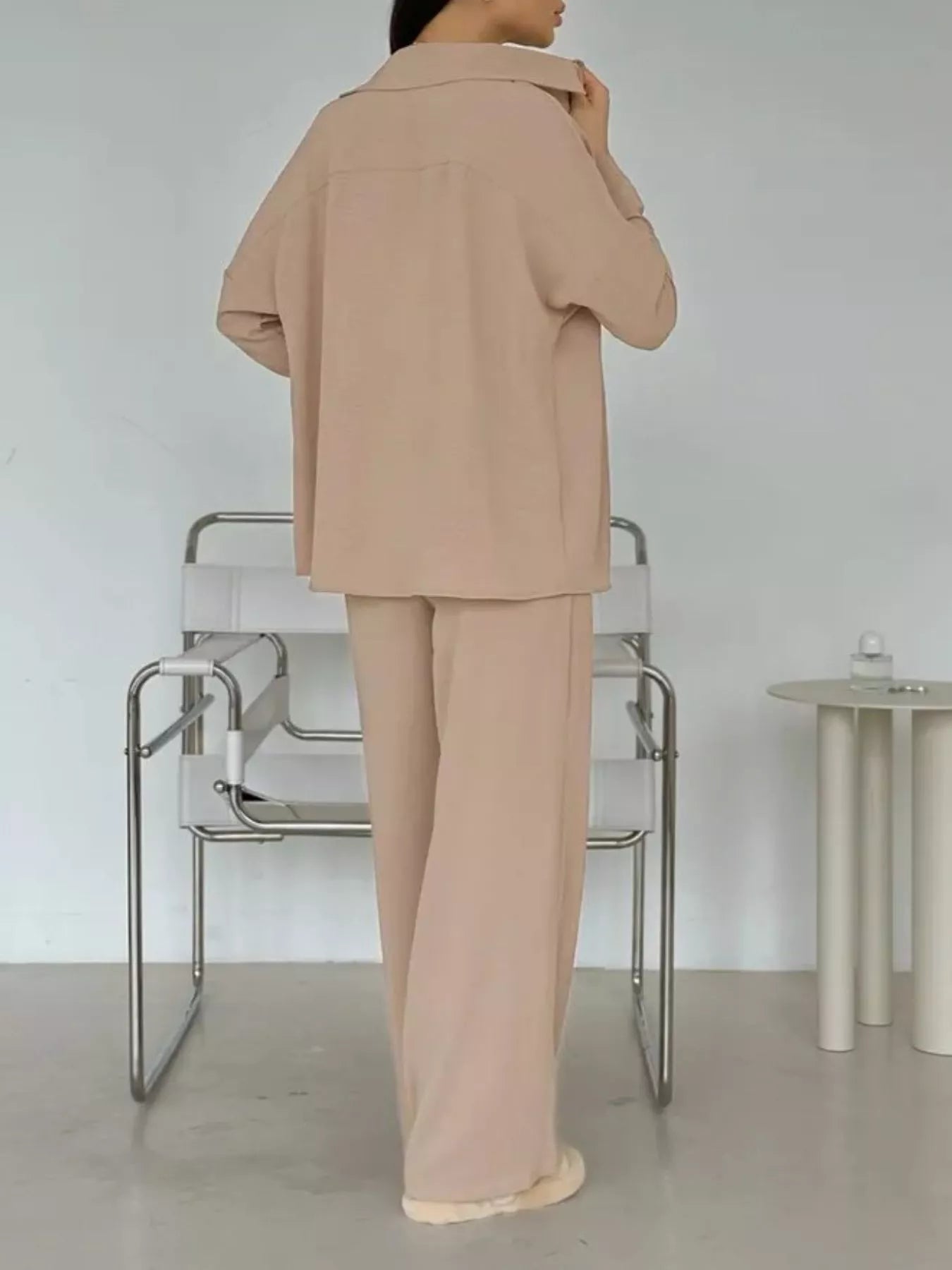 Button Up Long Sleeve Shirt and Pants Set - FLORENTINE IRIS