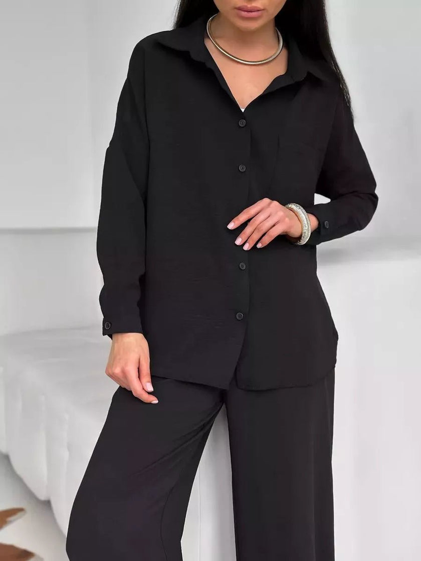 Button Up Long Sleeve Shirt and Pants Set - FLORENTINE IRIS
