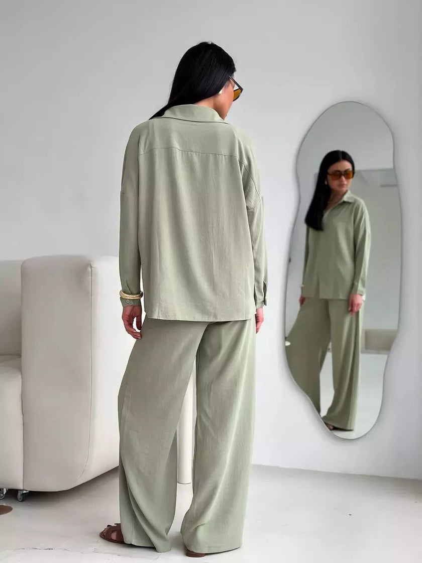 Button Up Long Sleeve Shirt and Pants Set - FLORENTINE IRIS