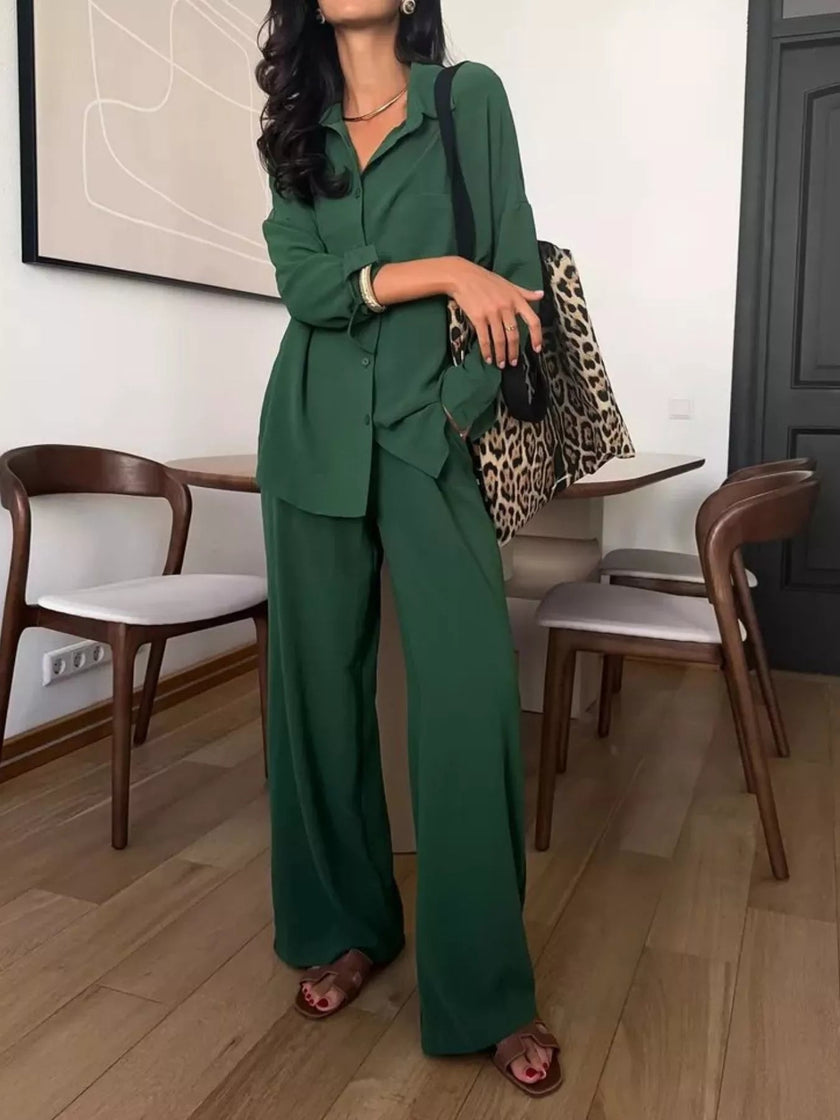 Button Up Long Sleeve Shirt and Pants Set - FLORENTINE IRIS