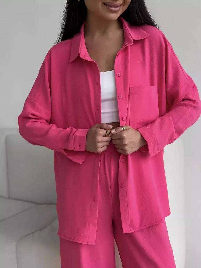 Button Up Long Sleeve Shirt and Pants Set - FLORENTINE IRIS