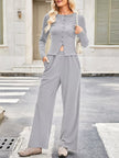 Button - Up Top & Wide Leg Pants Set - FLORENTINE IRIS