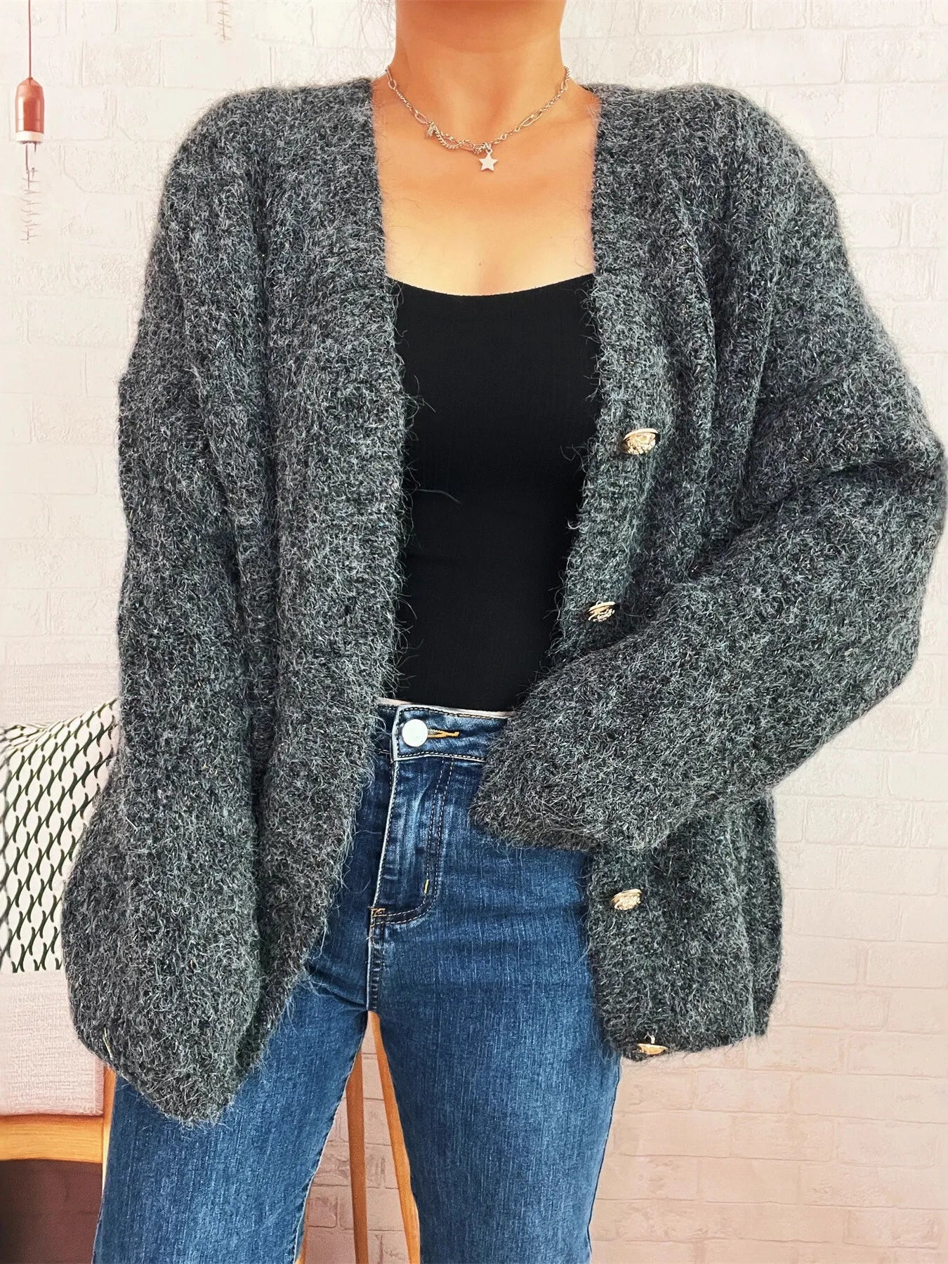 Cable Knit Button - Up Cardigan - FLORENTINE IRIS