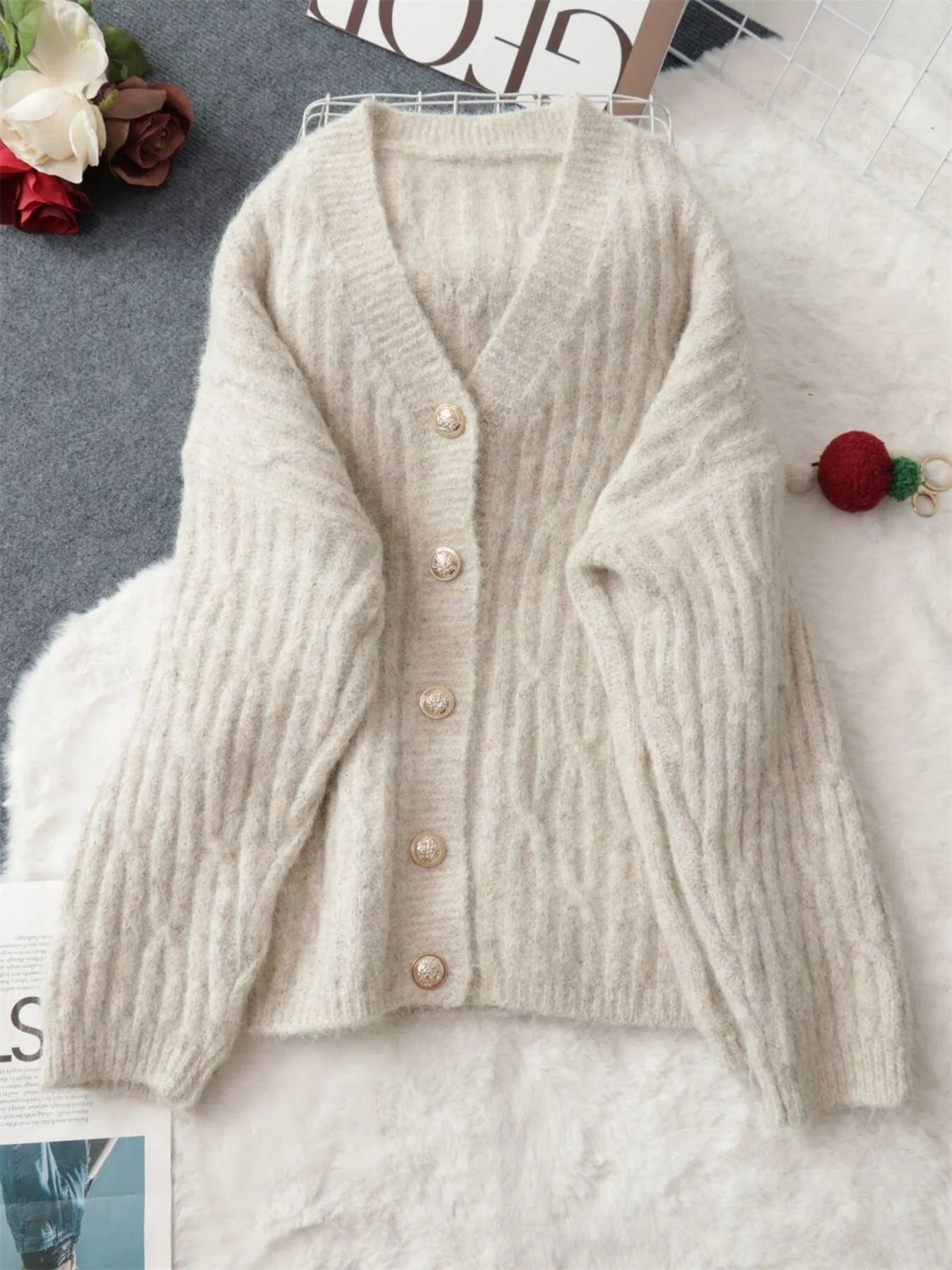 Cable Knit Button - Up Cardigan - FLORENTINE IRIS