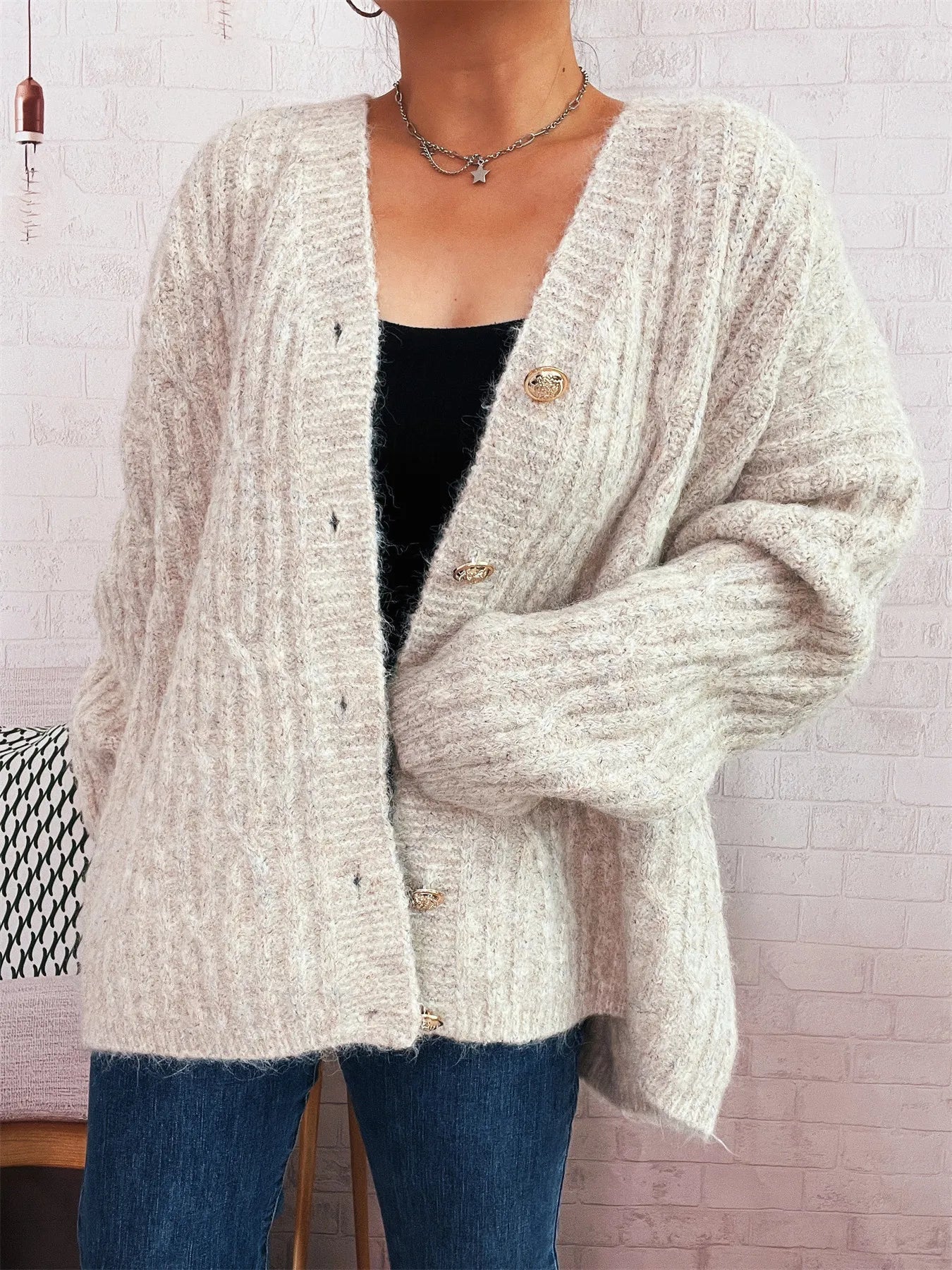 Cable Knit Button - Up Cardigan - FLORENTINE IRIS